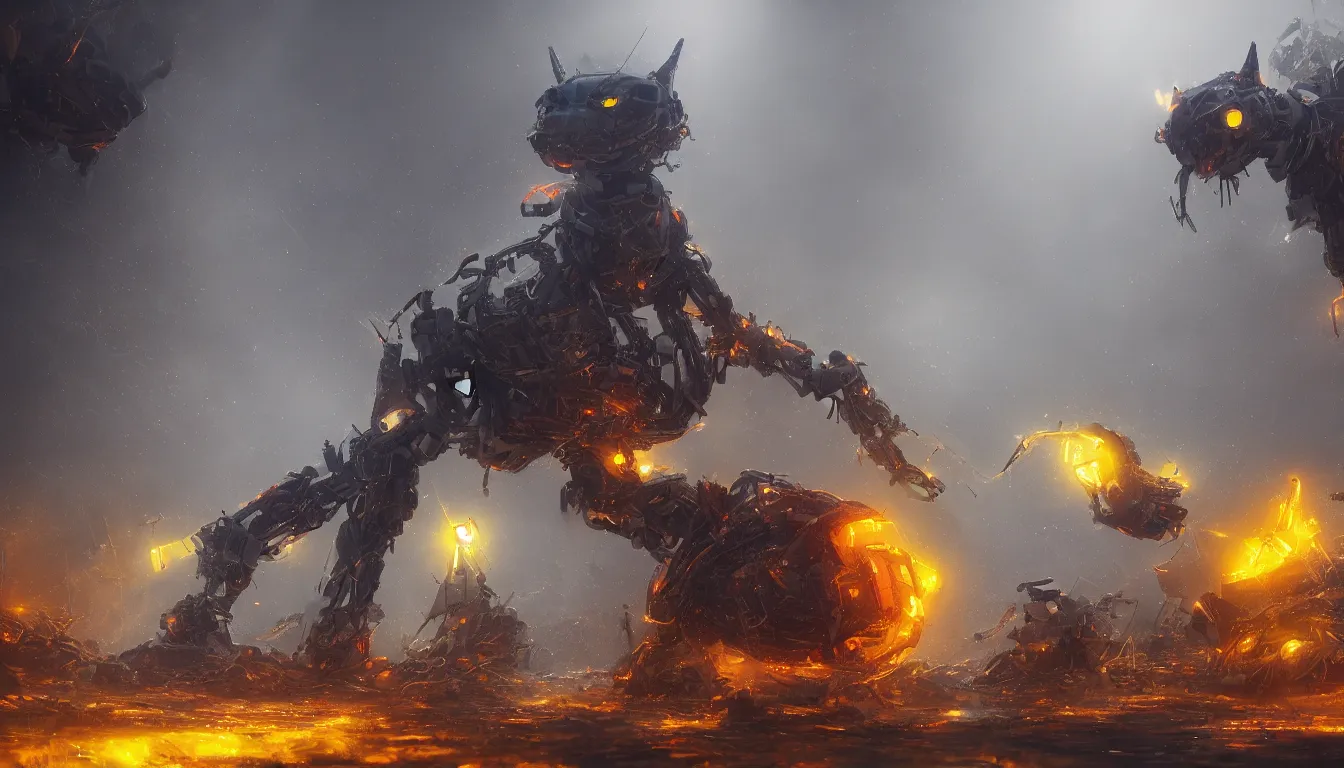 Prompt: ai limbo, gigantic robotic cat with red eyes walks in a trash heap in yellow mist, digital art, trending on artstation, 8k, epic composition, highly detailed,