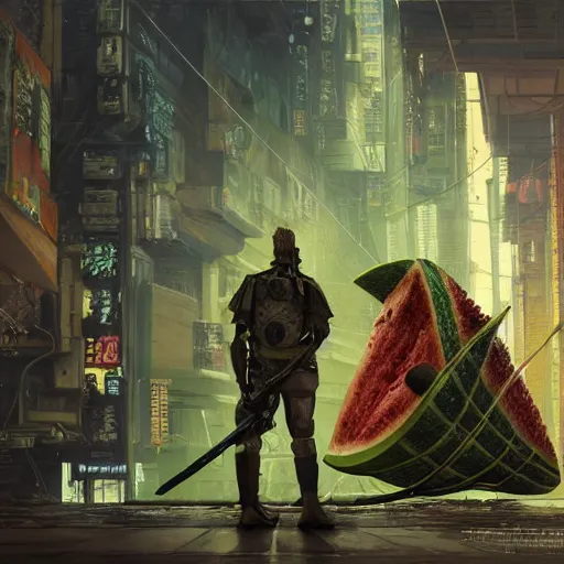 Image similar to Concept Digital Art Highly detailed giant Watermelon warlord protecting Ukrainian village from Orks by Taras Shevchenko and Stephen Hickman and Beeple. Very highly detailed 8K,Pentax 67, Kodak Portra 400 in style of Hiromasa Ogura Ghost in the Shell, the golden ratio, rational painting