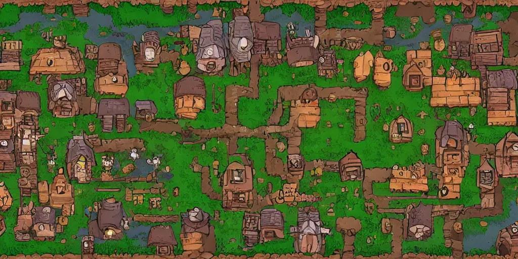 Prompt: a high detailed fantasy bandit camp vector art an aerial view of a cartoonish rpg village by dungeondraft, dofus, patreon content, hd, straight lines, vector, grid, dnd map, map patreon, fantasy maps, foundry vtt, fantasy grounds, aerial view, dungeondraft, tabletop, inkarnate, dugeondraft, roll 2 0
