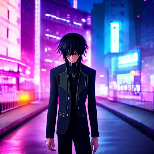 Prompt: Lelouch Lamperouge in a neon city, octane render 8k, atmospheric render, myserious man, professional render