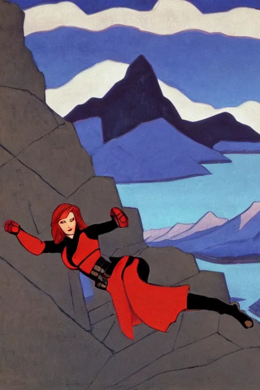 Image similar to black widow ( natasha romanova ) on mountains, marvel, artwork by nicholas roerich,