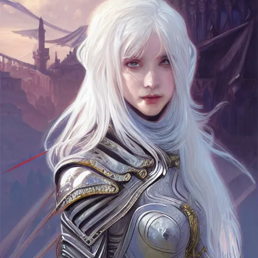 Image similar to portrait white hair knights of Zodiac girl, Sliver ice color reflected armor, in ruined Agora of Athens Sunrise, ssci-fi and fantasy, intricate and very very beautiful and elegant, highly detailed, digital painting, artstation, concept art, smooth and sharp focus, illustration, art by tian zi and WLOP and alphonse mucha