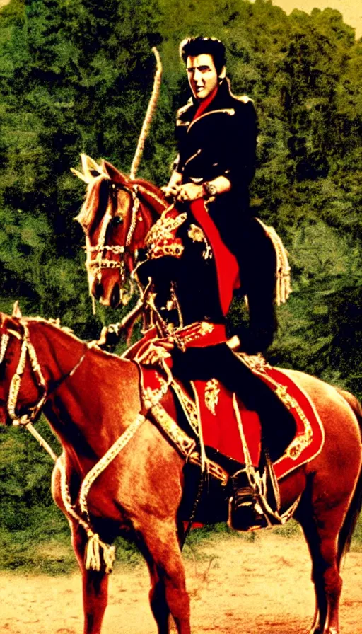 Image similar to elvis on horseback, screenshot from bollywood muscial,, realistic colour palette by