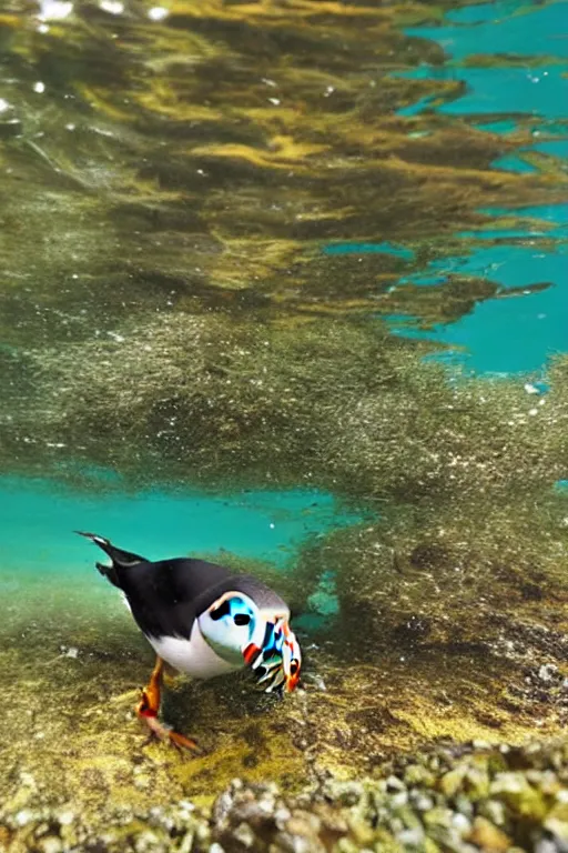 Image similar to beautiful photo of a puffin swimming amongst seaweed underwater in clear water