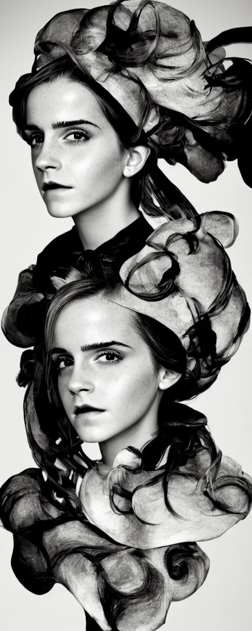 Prompt: Emma Watson closeup face with pouting lips, shoulders very long hair hair wearing an oversized Beret, wearing a mandelbrot fractal biomechanical sculpture mask, elegant Vogue fashion shoot by Peter Lindbergh fashion poses detailed professional studio lighting dramatic shadows professional photograph by Cecil Beaton, Lee Miller, Irving Penn, David Bailey, Corinne Day, Patrick Demarchelier, Nick Knight, Herb Ritts, Mario Testino, Tim Walker, Bruce Weber, Edward Steichen, Albert Watson