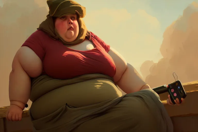 Image similar to obese feminist typing a tweet, battlefield, highly detailed, photoreal, sharp focus, illustration, gross, colorful, trending on artstation, cinematic, artwork by wlop