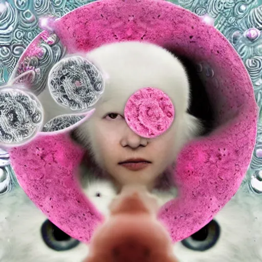 Image similar to white mink with head surrounded by pink circle made of chromosomes and bacteria matte art hd lilia alvarado 8k starring at camera symmetrical mink face bacteria chromosomes matte