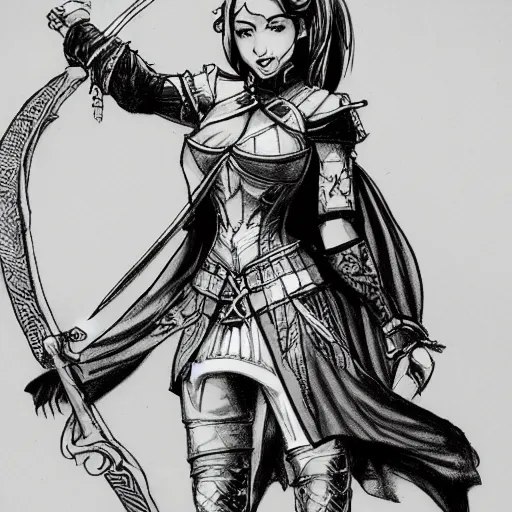 Prompt: a character sketch of a beautiful swordmaid, drawn with pencil, comic art, black and white