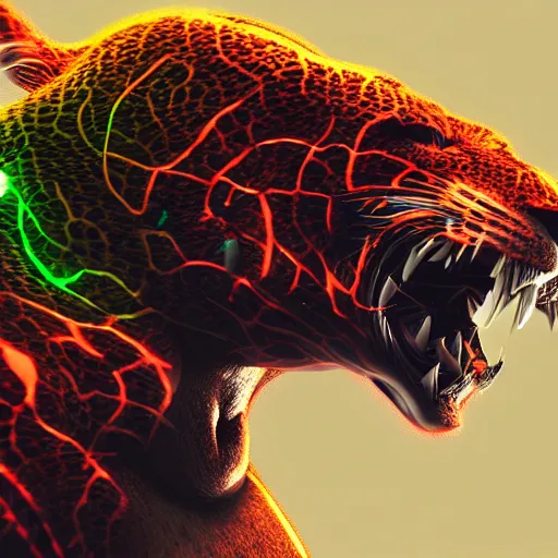 Image similar to portrait of a neon cyberpunk cyborg jaguar animal snarling, octane render