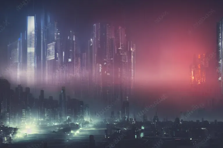 Prompt: studio photo of night landscape, cyberpunk city at background behind a fog, realistic