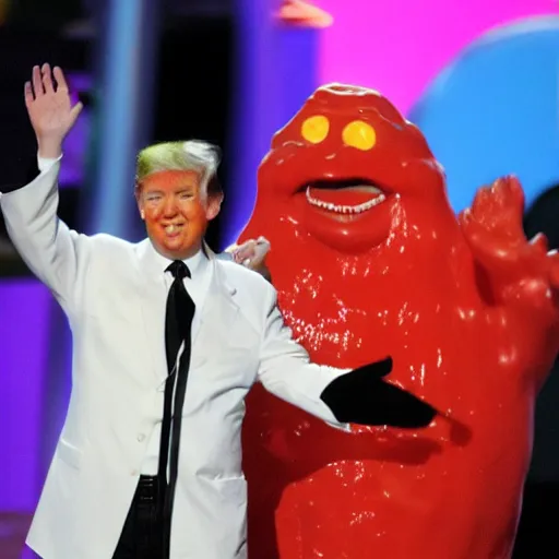 Image similar to trump getting slimed at the kids choice award, 2 0 0 8, crt television