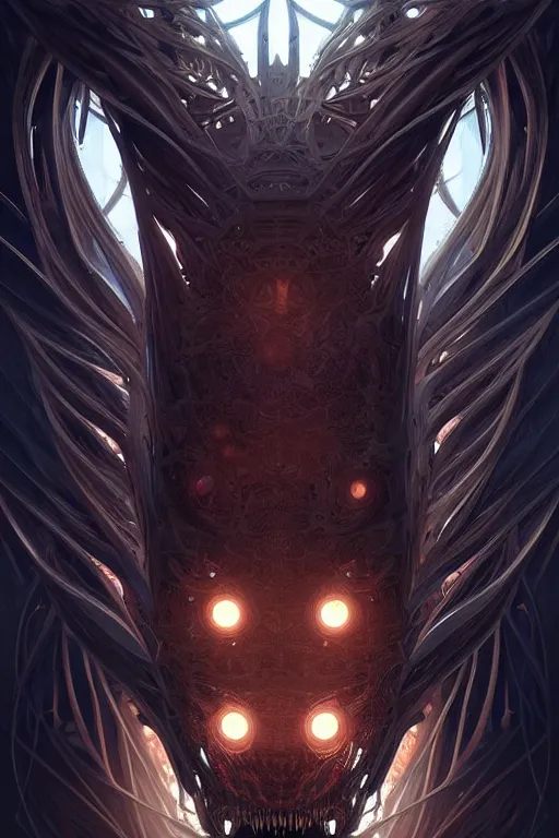 Image similar to professional concept art symmetrical portrait of a horrendous mechanical predatory fractal! species in a dark room by artgerm and greg rutkowski. an intricate, elegant, highly detailed digital painting, concept art, smooth, sharp focus, illustration, in the style of cam sykes.