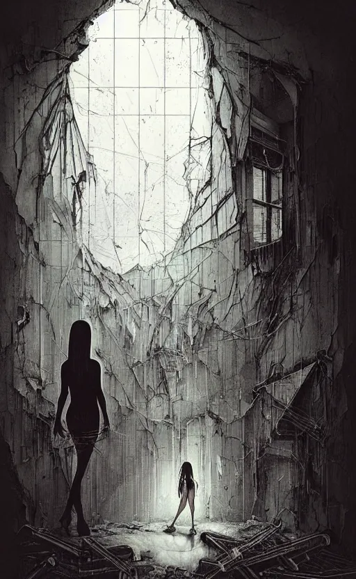 Image similar to vertical movie frame portrait of girl inside abandoned bedroom, ominous backrooms at distance seen through big broken shattered window, giger interior design, architectural design, vintage, liminal aesthetic, dreamcore, weirdcore, clean lines, wide angle, by wayne barlowe, tsutomu nihei, zdzislaw beksinski,