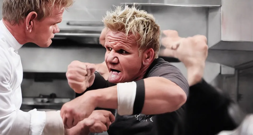 Image similar to photo of angry furious Gordon Ramsay punching Gordon Ramsay at the kitchen