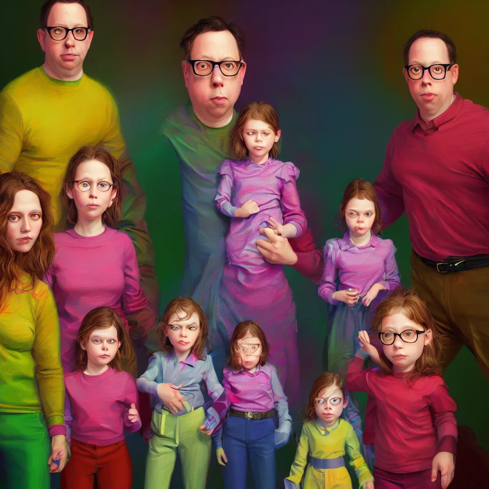 Image similar to bright realistic todd solondz family photo, diffuse lighting, fantasy, intricate, elegant, highly detailed, lifelike, photorealistic, digital painting, artstation, illustration, concept art, smooth, sharp focus, art by francis bacon