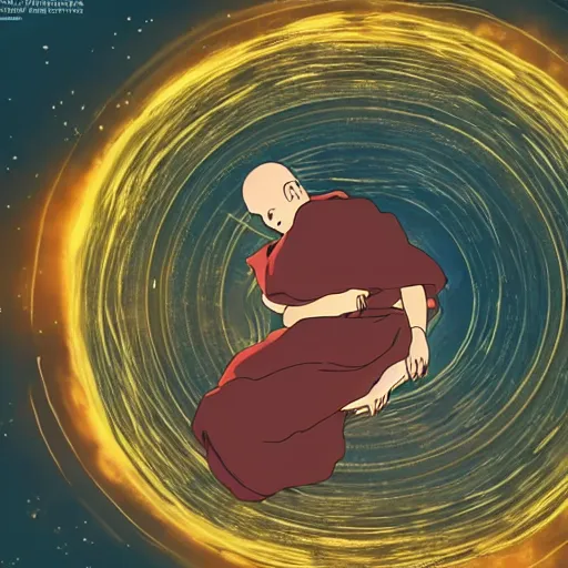 Prompt: illustration of a levitating monk meditating within the centre of a peaceful swirling atom orbited by electrons, studio ghibli, ultra hd
