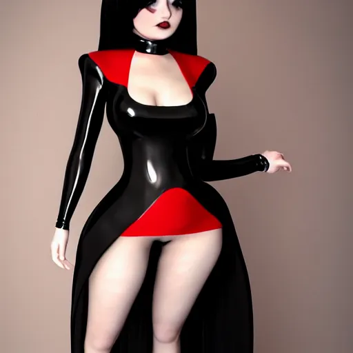 Prompt: curvy feminine hot goth cutie in a sublime elegant polished black latex neck-high floor length outfit with red trim, thin waist, cgsociety, photorealistic, comfy ambience, idealistic, 16k, smooth, sharp focus, trending on ArtStation, volumetric lighting, fully clothed, worksafe