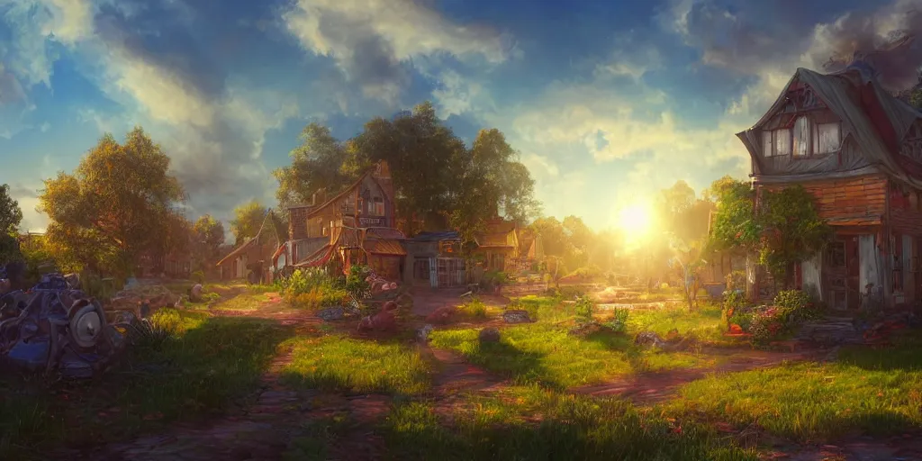 Image similar to country town, fantasy, day light, sun, wide angle, highly detailed, rich bright colors, trending on artstation