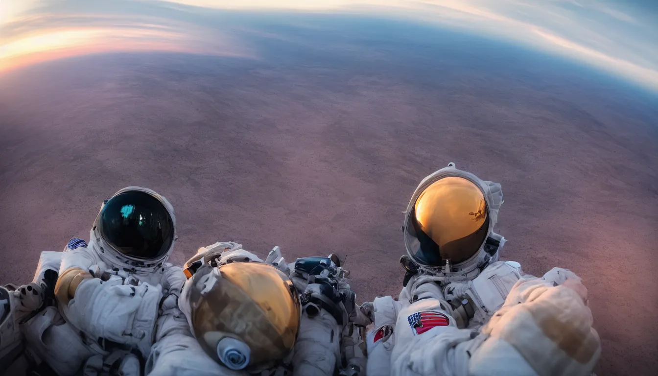 Prompt: lone astronaut sat on top of a mountain looking at the horizon of a unknown planet,extremely close shot from the back of the astronaut, helmet reflection, sunset, cinematic, epic, dark scenario, 8k, award winning,