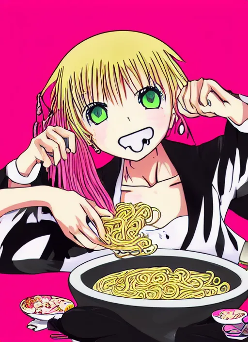 Prompt: anime girl with pink hair eating ramen noodles, black background, by eiichiro oda