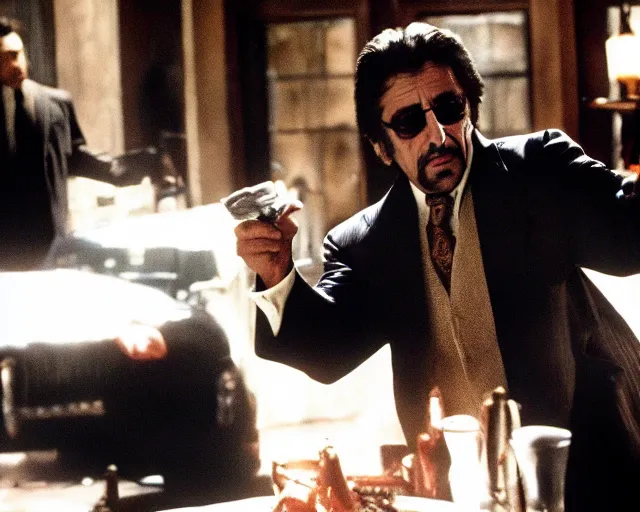 Image similar to mafioso ( al pacino ) casts a spell at some vampires ; scene from the modern hbo mini series / the outfit /, a supernatural mafia crime thriller about magical monster - hunting mafiosi in philadelphia, hd 8 k film photography, with modern supernatural horror aesthetic.