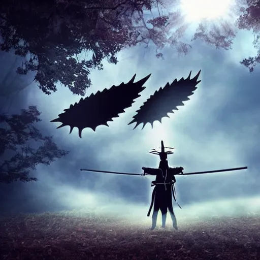 Prompt: a samurai with black demon wings flying towards a tree god rays are shining on him and the tree