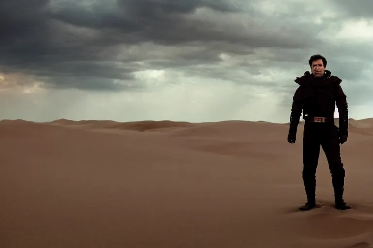 Image similar to a cinematic wide angle shot of a man in his early twenties, in the 2 0 2 1 movie dune, the sand is in the form of a wave, stormy weather, dry, film still, cinematic, dramatic lighting, by zack snyder