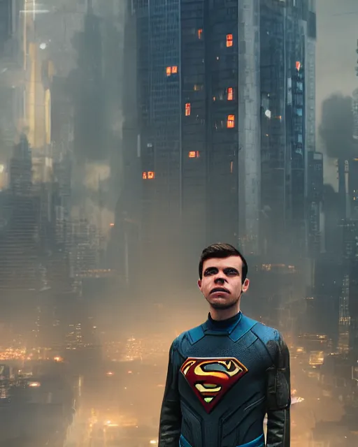 Prompt: rex orange county as a superhero in a dystopian city, aesthetic octane render, 8 k hyperrealistic, futuristic