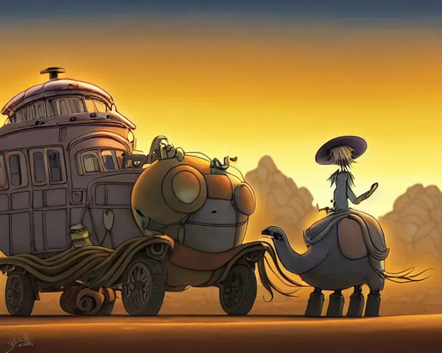 Prompt: a cell shaded cartoon giant grey lovecraftian mechanized emu from howl's moving castle ( 2 0 0 4 ), with a big head, on a desert road, wide shot, sunset, golden hour, muted colors, post grunge, josan gonzales, wlop, by james jean, victor ngai, hq, deviantart, art by artgem