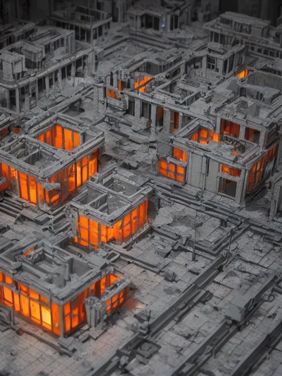 Image similar to mega detailed miniature voxel diorama abandoned research facility, brutalism architecture, suburban, hard lights are on in the windows, dark night, fog, winter, blizzard, uncozy and not peaceful atmosphere, row of street lamps with warm orange light, several ruins nearby, 1 9 6 0