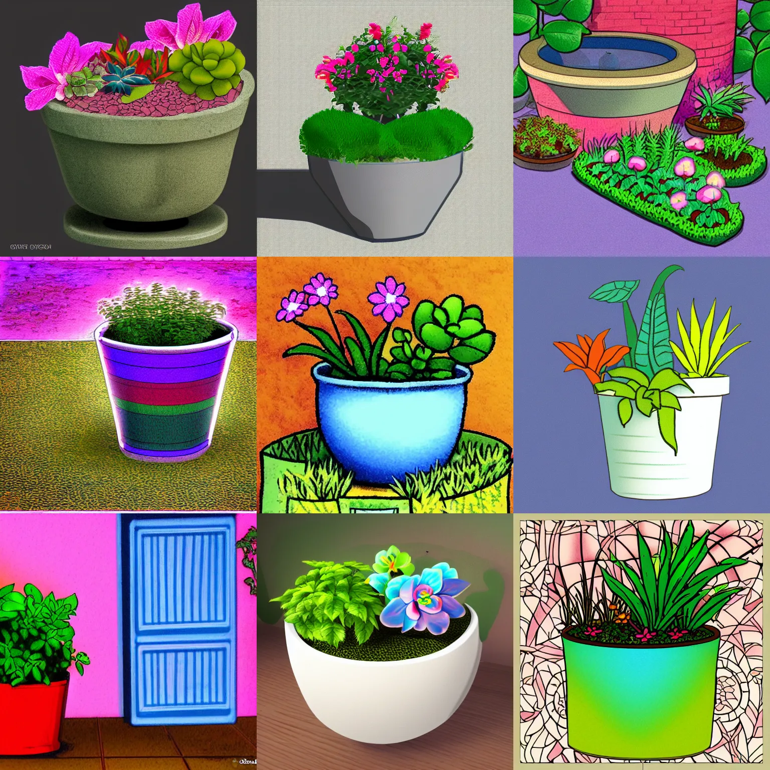 Prompt: a small planter with a secret garden, cartoon, stylized, color gradients, soft light,