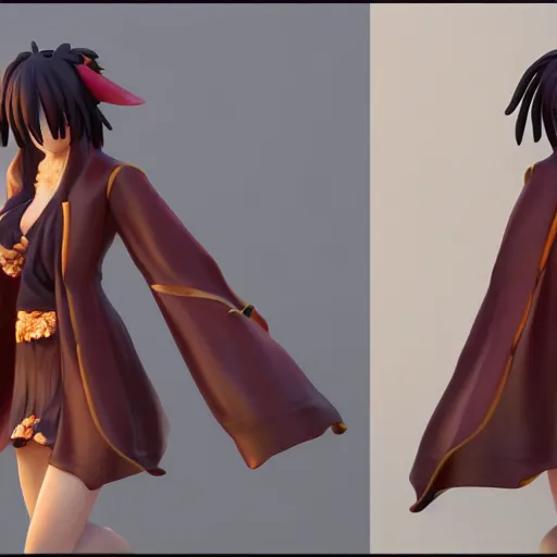 Image similar to Render of a 3d Ryougi Shiki, full round face, golden hour, serene beach setting, medium shot, mid-shot, highly detailed, trending on Artstation, Unreal Engine 4k