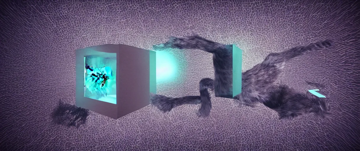 Prompt: 3 d render of schrodinger's cat in a box being dead and alive at the same time, 3 d render with small elements of glitch art, paradox, quantum superposition, waves and particles, wave function, scifi style, concept art, high detail, particles disintegration, artsation 4 k