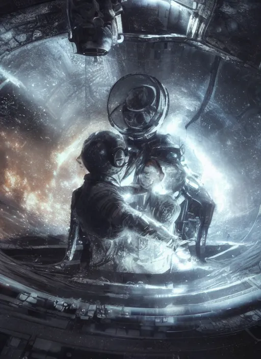 Prompt: concept art by craig mullins infrared complex and hyperdetailed technical astronauts hugging in futuristic dark and empty spaceship underwater. reflection and dispersion materials. rays and dispersion of light. volumetric light. 5 0 mm, f / 3 2. noise film photo. flash photography. unreal engine 4, octane render. interstellar movie art