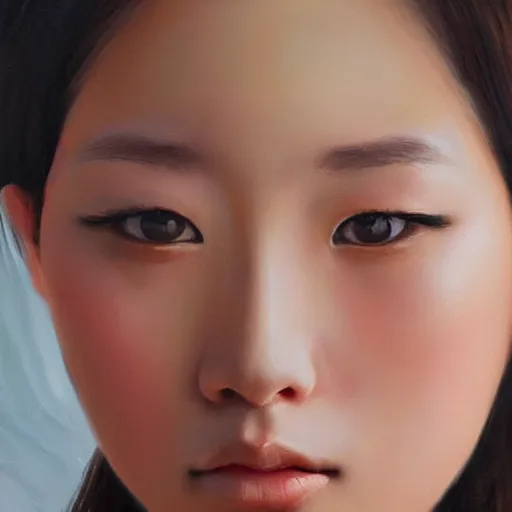 Image similar to perfect, realistic oil painting of close-up japanese girl face, by an American professional senior artist, Hollywood concept, dynamic composition and motion, postproduction.