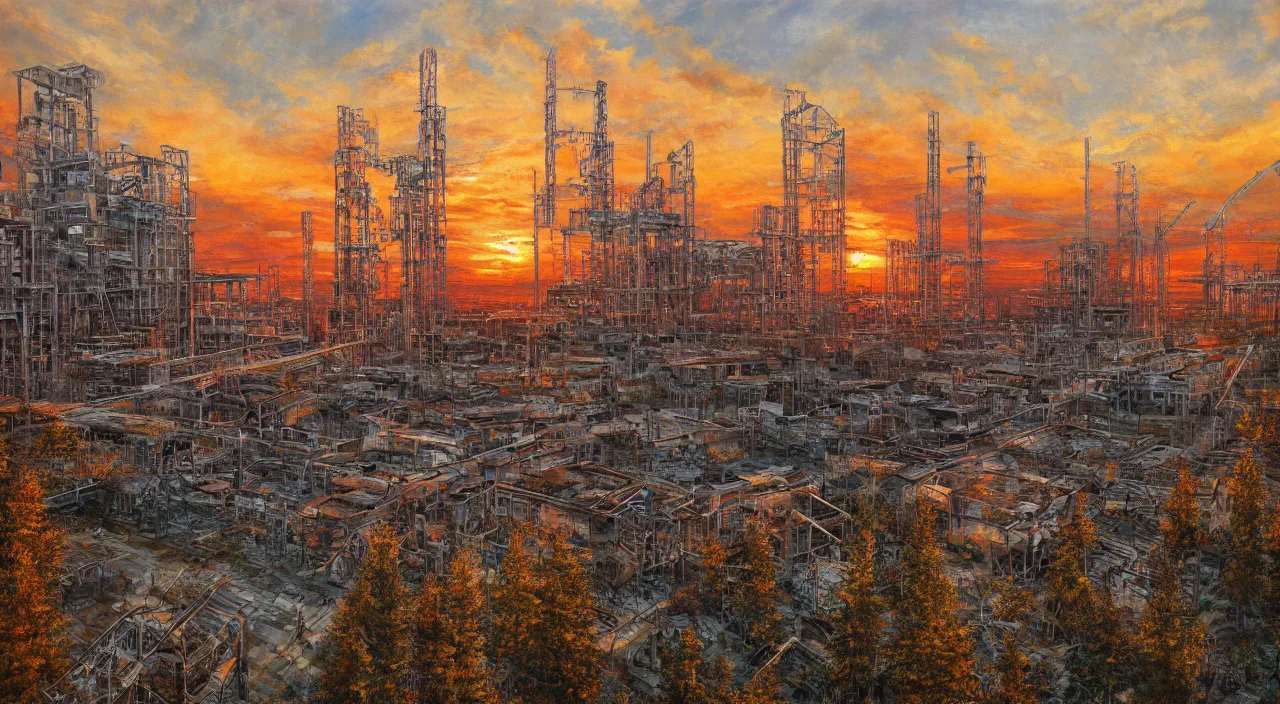 Image similar to a Stunning oil painting of Pripyat,sunset,hyper detailed,Masterpieces,8K Resolution