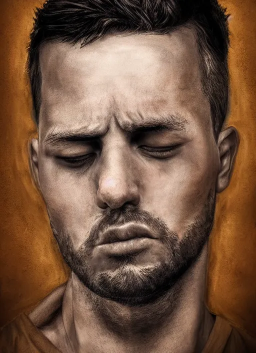 Image similar to realistic portrait of a deep sad man, depression, pain, hyper realistic, HDR, hyperrealism style,