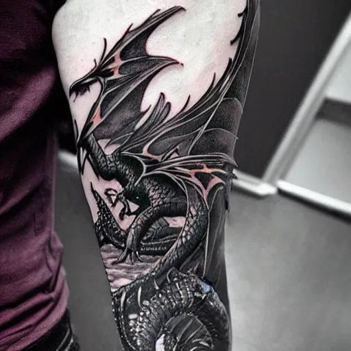 Prompt: dark and vibrant fantasy dragon!!! drake wyvern, black and emerald dragon!!, forearm tattoo