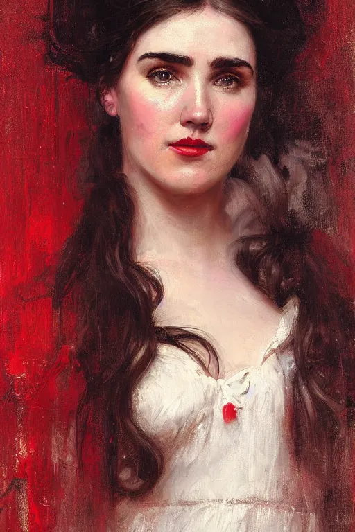 Image similar to painting of Jennifer Connelly by Richard S. Johnson and Solomon Joseph Solomon and Richard Schmid and Jeremy Lipking victorian genre painting full length portrait painting of a young beautiful woman traditional german french barmaid in fantasy costume, red background