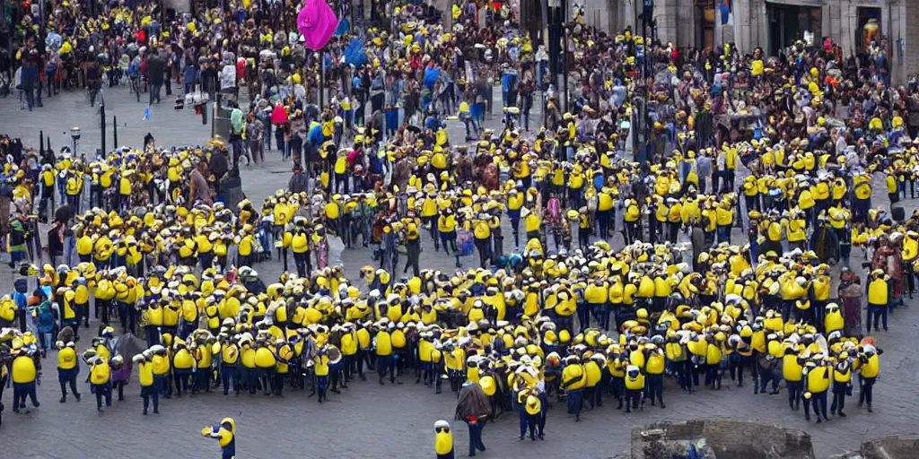 Prompt: minions in chains being marched through a city square, they are crying. far away shot