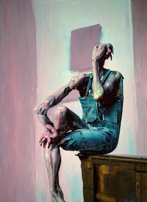Image similar to an insane, skinny, artist wearing torn overalls, expressive emotions, painting inside a grand messy studio, depth of field, hauntingly surreal, highly detailed oil painting, by francis bacon, edward hopper, adrian ghenie, glenn brown, soft light 4 k in pink, green and blue colour palette, cinematic composition, cinematic lighting, high quality octane render, masterpiece