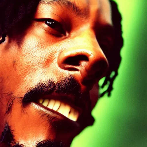 Prompt: cinematic film still of Snoop Dogg as Bob Marley, candid photo, 1999, Jamaica, shallow depth of field, close up photograph, epic lighting