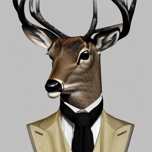 Image similar to a upper body portrait of a deer in a pinstriped suit and pants wearing a fedora with the antlers sticking out of the fedora by artgerm and wlop, intricate detail, digital art, photorealistic, trending on artstation