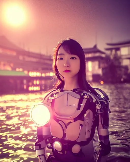 Image similar to beautiful centered photo portrait of korean girl as a solarpunk cyborg with white mechanical parts and implanted bright halogen lamps, treading on calm water, ultra - realistic and detailed, sun lit, white background, bokeh, soft focus, slow exposure hdr 8 k