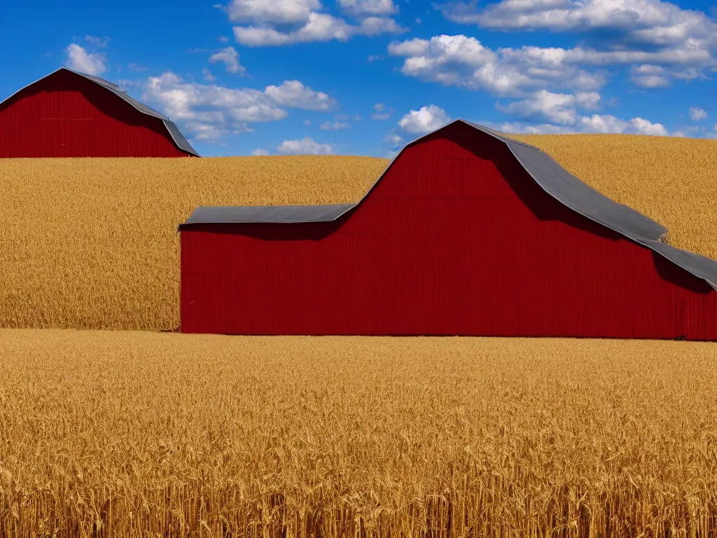 Image similar to A single isolated old red barn next to a wheat crop at noon. Blue sky, award winning photography, wide shot, surreal, dreamlike.