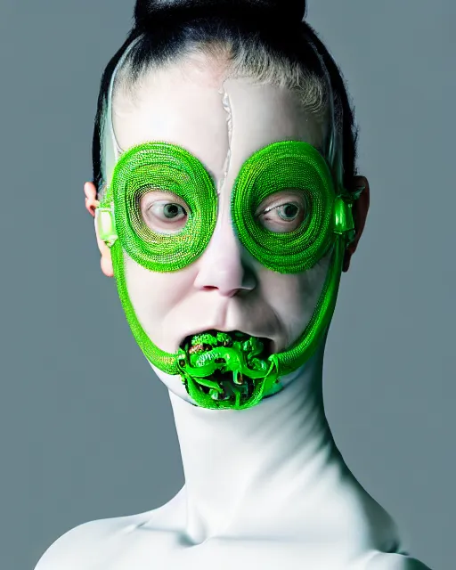 Image similar to portrait of a woman wearing a white embroidered translucent silicone mask and white green frizzy hair buns, wearing a black bodysuit by alexander mcqueen, cream white background, soft diffused light, biotechnology, humanoide robot, bjork aesthetic, translucent, by rineke dijkstra, intricate details, highly detailed, masterpiece,