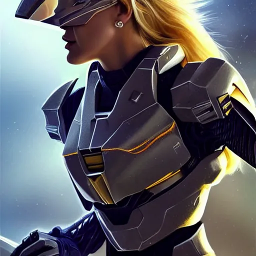 Image similar to A combination of Adriana Dxim's and Grace Kelly's and Ashley Greene's appearances with blonde hair wearing Forerunner armor from Halo, high tech, action shot, angular, full body portrait, futuristic, dramatic, fantasy, intricate, elegant, highly detailed, artstation, matte, sharp focus, 8K, art by Artgerm and Greg Rutkowski and Alphonse Mucha