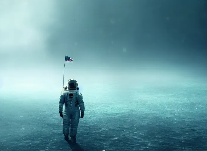 Image similar to astronaut holding a flag in an underwater desert. a submarine is visible in the distance. dark, concept art, cinematic, dramatic, atmospheric, 8 k, trending on artstation, blue, fish, low visibility, fog, ocean floor, christopher nolan, interstellar