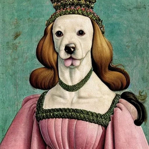 Prompt: portrait of a white labrododdle dog in an italian queen costume, painting by botticelli, 1 4 8 0 s