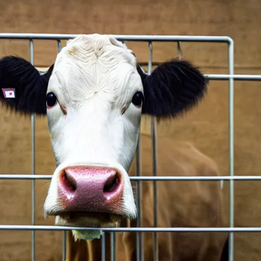 Prompt: cow inside a cage looking a milk box